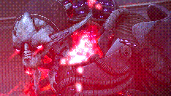 Saren's glowing red robot skeleton