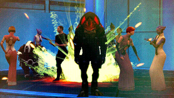 Wrex at the club with green explosion behind